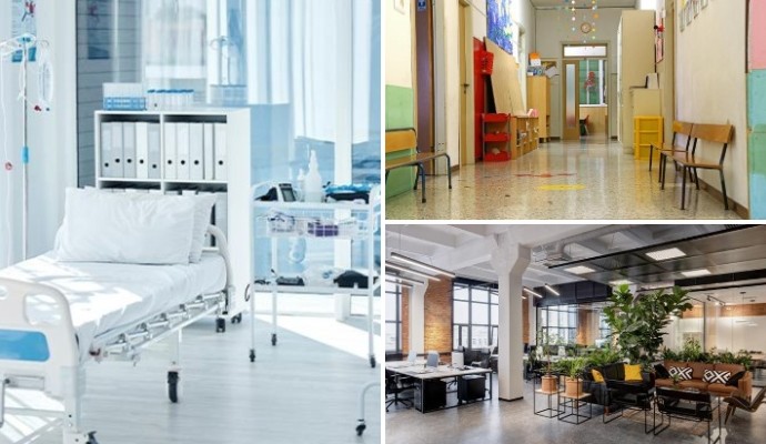 Collage of clean hospital school corridor and office space Collage of clean hospital school corridor and office space