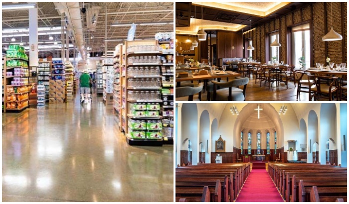Collage of clean retail store restaurants and church Collage of clean retail store restaurants and church