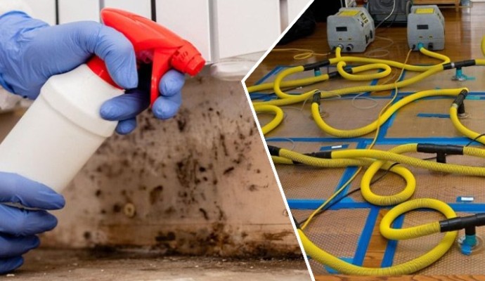 Collage of mold decontamination and water damage restoration Collage of mold decontamination and water damage restoration