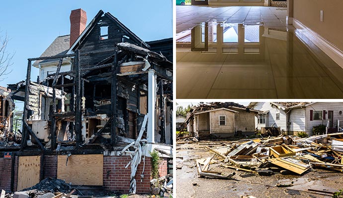 Collage of fire damaged house, water damaged and disaster damaged property Collage of fire damaged house, water damaged and disaster damaged property