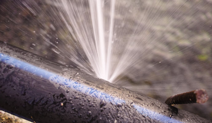 A burst water pipe spraying water