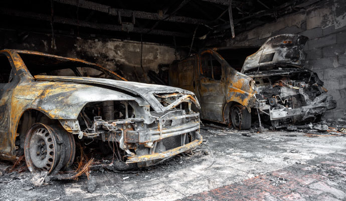 a couple of vehicles completely damaged by fire