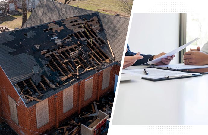 Collage of a fire-damaged house and two people discussing.