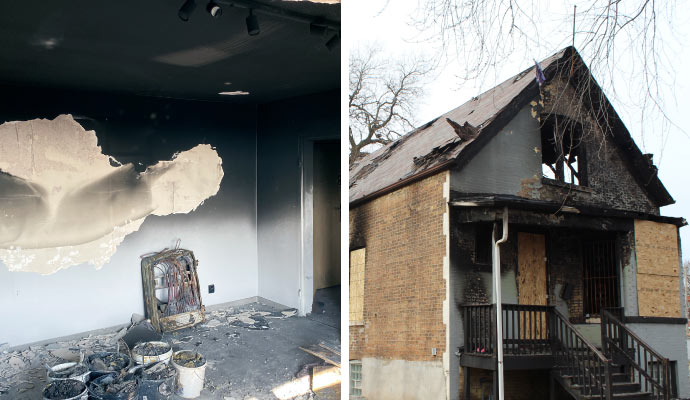 Collage of smoke damage and board up