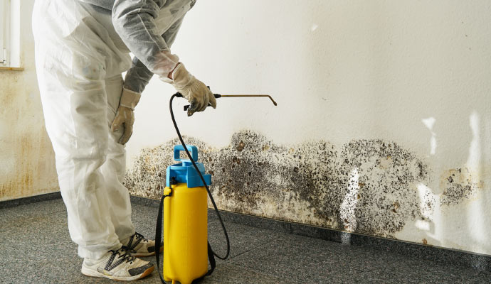 Person cleaning mold with spray pump