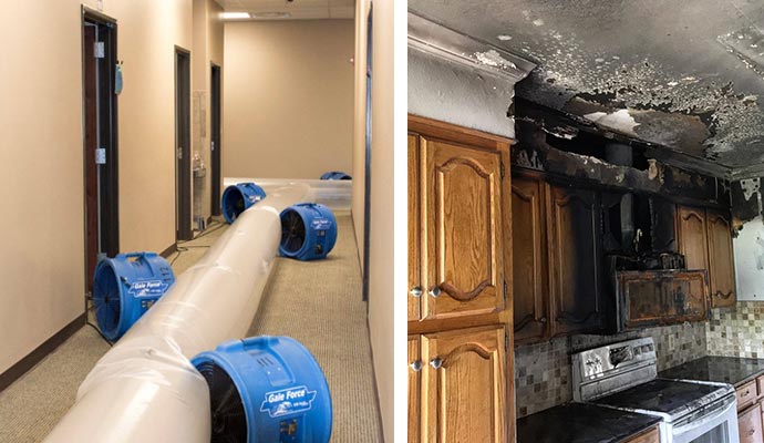 Collage of water damage restoration and smoke-damaged kitchen