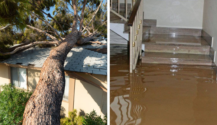 a collage of storm and flood damaged properties