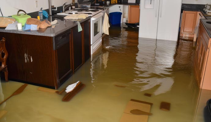 Flooded kitchen area with water on the floor Kitchen floor covered with water due to flooding