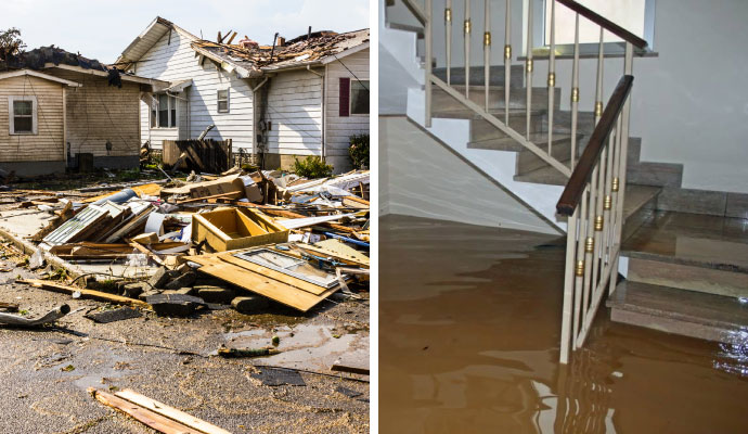 a collage of storm damaged and flood damaged property