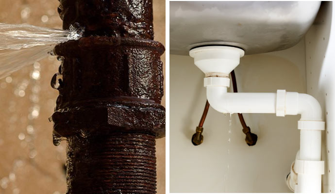 Collage of broken water pipe and plumbing leak