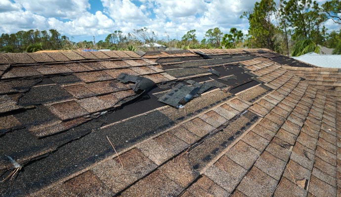 Close-up view of a damaged roof