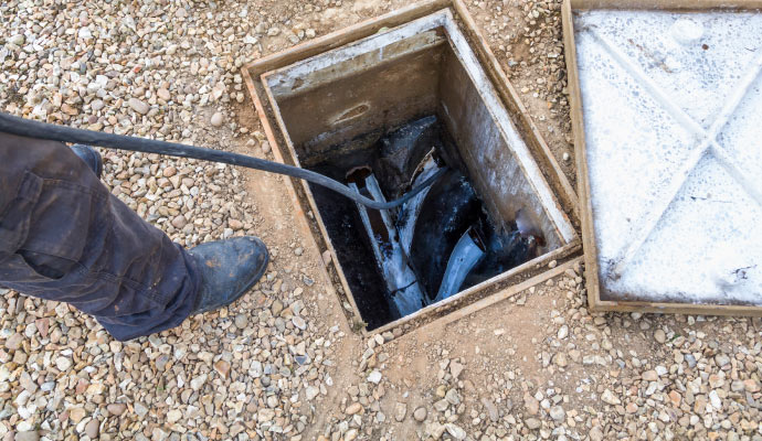 Person inspecting drain with a drain snake