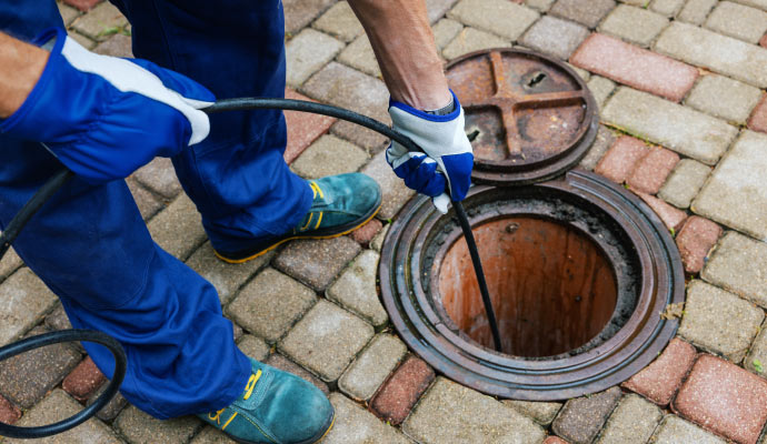 Person cleaning sewage with equipment